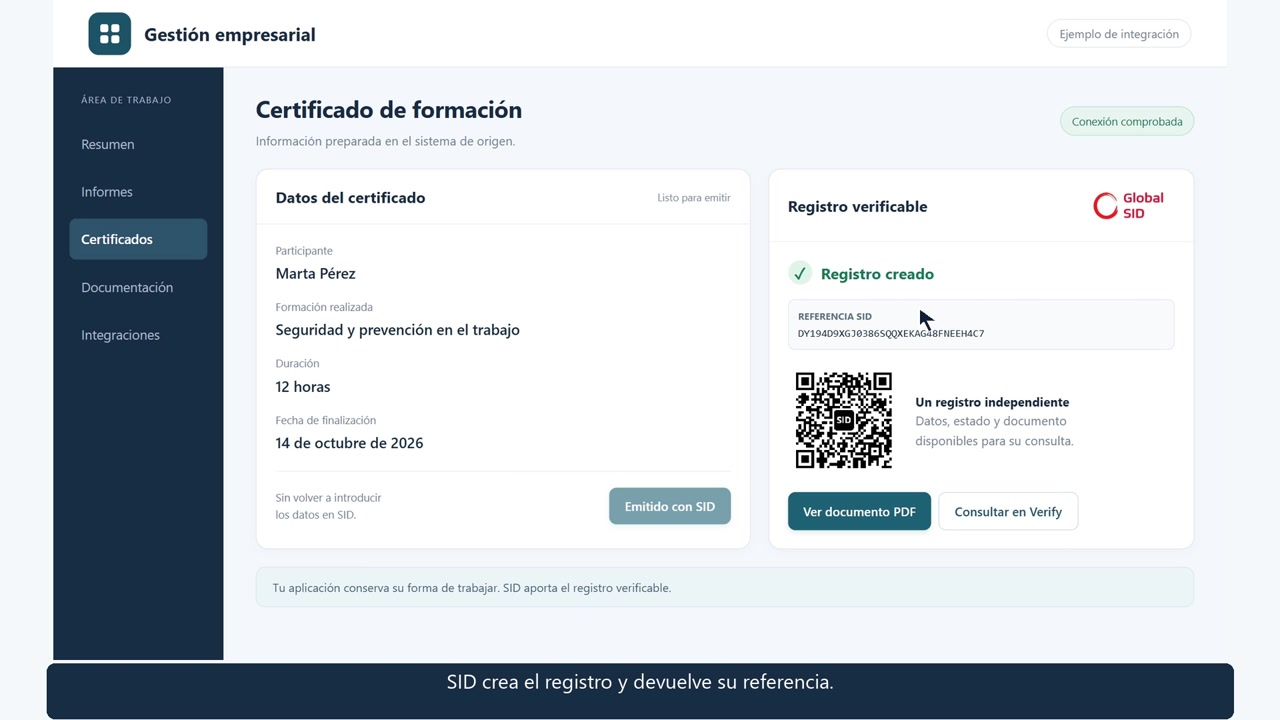 Una aplicación de ejemplo conectada con SID mediante su API